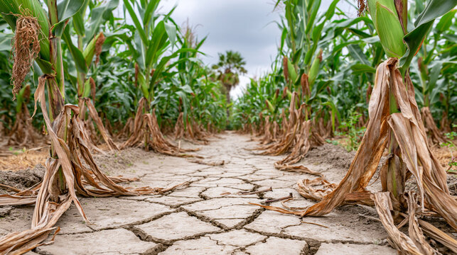 Drought damaged dry corn field with severely cracked soil earth crop damage climate chan