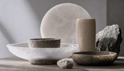 A still life composition featuring textured stone bowls, a tall ceramic vase, and a large...