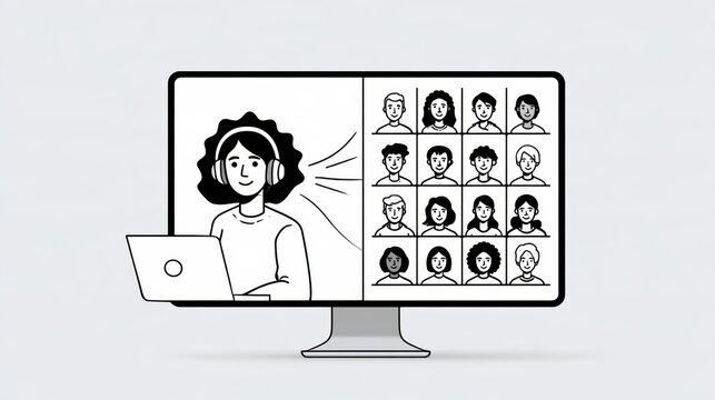 Illustration of a virtual meeting on a computer screen with one large participant and multiple smaller participants in a grid layout.