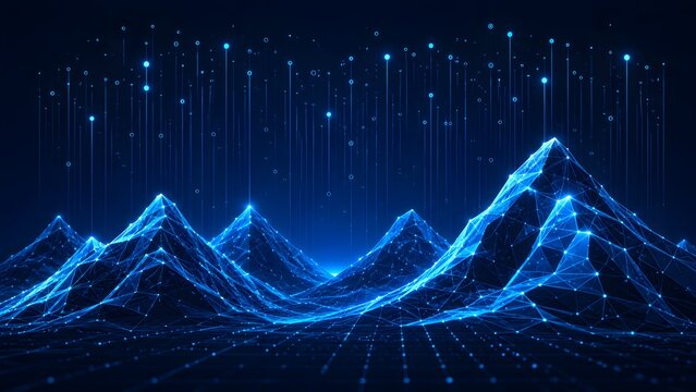 Abstract digital mountain landscape formed by glowing data points and lines with digital moun