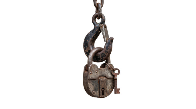 Heavy antique iron crane hook, massive forged industrial iron rigging hoist hook locked with rusted antique metal padlock. Industrial maritime warehouse rigging on transparent background.