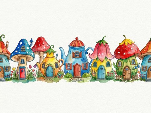 Fairy houses crafted from colorful mushrooms, teapots, and blossoms stand in a row as a whimsical watercolor border.