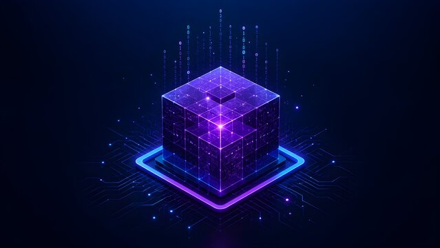 Glowing 3D digital cube floating above a platform with data streams and binary code