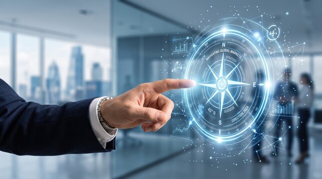 Businessman interacting with holographic compass navigating global markets, strategic direction and international business success concept in modern corporate office