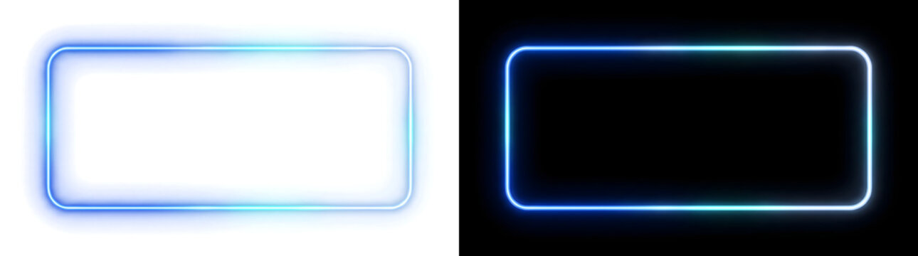 Neon frame glowing blue and cyan gradient border with rounded corners for banner design in PNG, Transparent and Black Background Versions