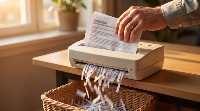 Hand feeding confidential document into paper shredder machine on wooden desk with shredded strips falling into basket