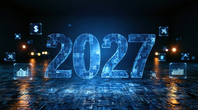 Futuristic digital 3D numbers "2027" glowing blue with financial and data icons floating in a dark tech-inspired environment.
