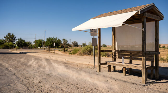 Rustic wooden bus stop shelter in desert landscape with empty road