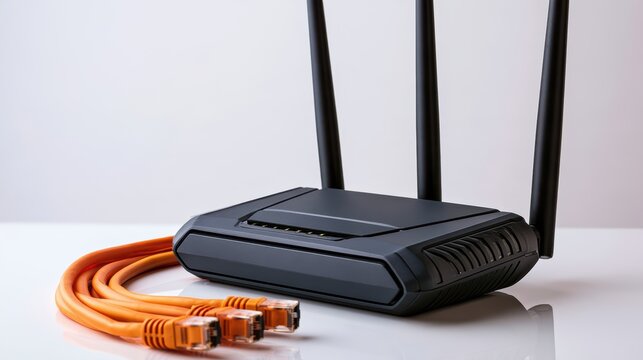 A black wireless router with three antennas is placed next to three orange Ethernet cables on a reflective surface.