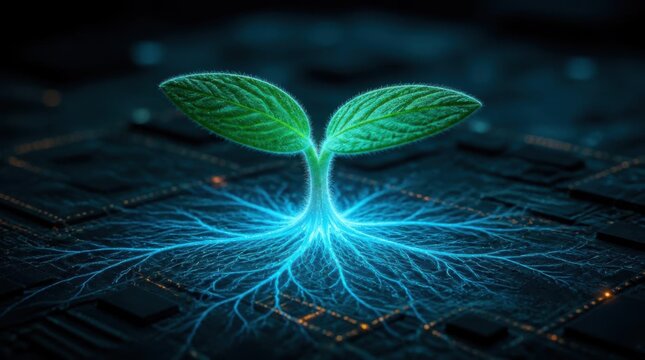Glowing green sprout growing on a digital circuit board representing technology and nature integration