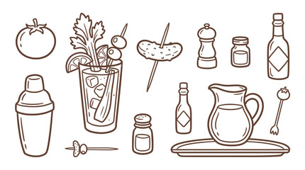 Obraz premium A collection of hand-drawn illustrations of Bloody Mary cocktail ingredients and bar tools, including a tomato, celery, olives, a shaker, and various condiments.
