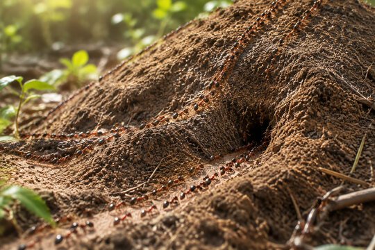 Detailed view of a large anthill with ants moving along paths.