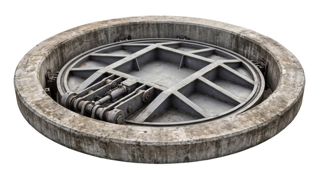 Reinforced concrete bunker hatch, circular subterranean concrete blast hatch door with heavy steel locking wheel and hinges. Military fallout shelter security blast on transparent background.
