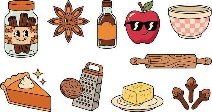 Autumn Baking Elements Set with Spices, Fruit, and Kitchen Tools