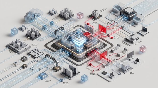Cybersecurity observability and network infrastructure concept with data flow, anomaly detection, and server clusters in an isometric 3D render