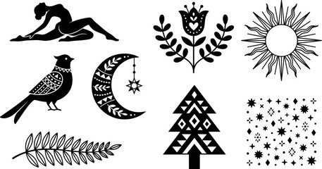 Fototapeta premium Botanical and Celestial Elements Set with a Stylized Figure