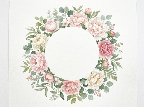 Floral wreath composed of soft pink roses and green leaves surrounds an empty circular space.