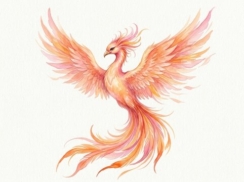 Phoenix bird with vibrant orange and pink feathers spreads its magnificent wings in a watercolor painting.