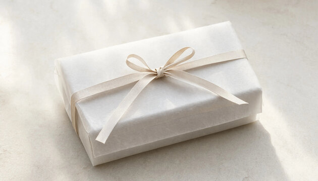 A small rectangular gift box wrapped in plain white paper with a delicate matching ribbon bow, placed on a light textured stone surface