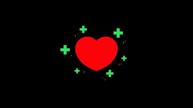 Red heart shape with floating green medical cross icons animation loop on a transparent background