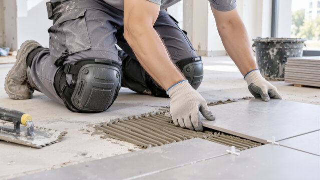 Professional Construction Worker Laying Large Ceramic Floor Tiles with Adhesive Mortar and Spacers During Home Renovation