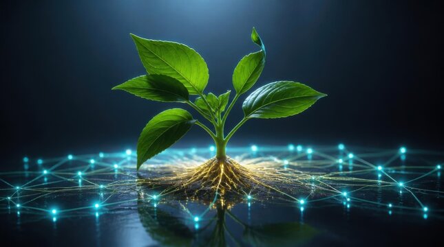 Glowing green sprout with digital network roots symbolizing technology