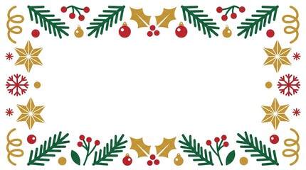 Fototapeta premium Christmas festive border with holly leaves, pine branches, stars, snowflakes and ornaments isolated on white background