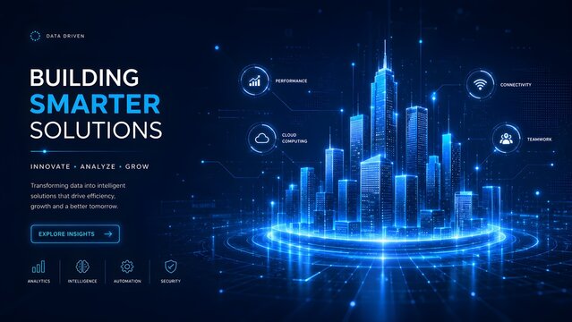 Futuristic smart city skyline with glowing data overlays and architectural infrastructure