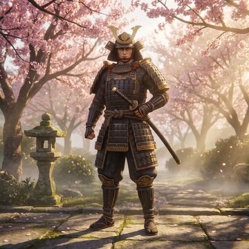 Japanese samurai warrior in traditional armor, brave ronin standing in cherry blossom garden, historic fighter with katana