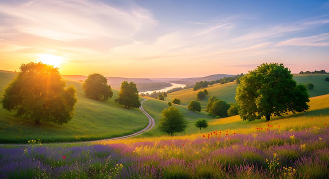 Beautiful rolling hills landscape with a winding dirt path and blooming lavender fields at golden hour sunset