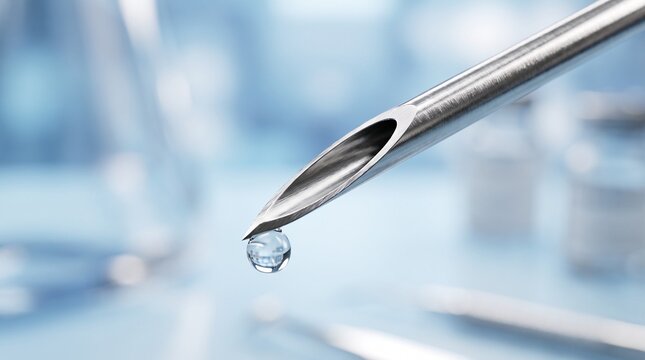 Hypodermic Syringe Needle with Liquid Droplet on Blue Background