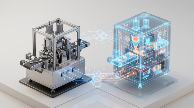 Industrial digital twin manufacturing concept connecting physical machine to virtual hologram model