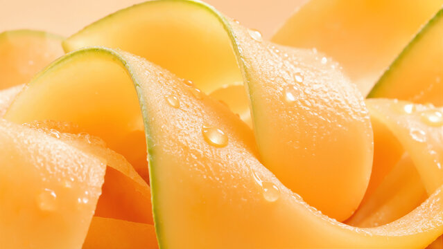 Fresh Juicy Cantaloupe Melon Ribbon Slices with Water Droplets, Organic Sweet Melon Shavings Macro Food Background