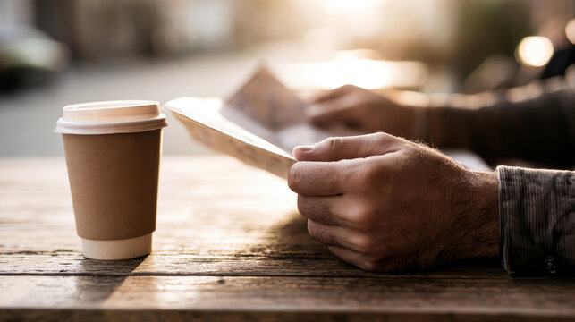 hands holding a physical map over a wooden table at an outdoor cafe.