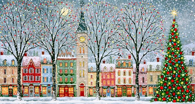 illustrator painting of charming winter village scene with snow-covered houses, a Christmas tree,