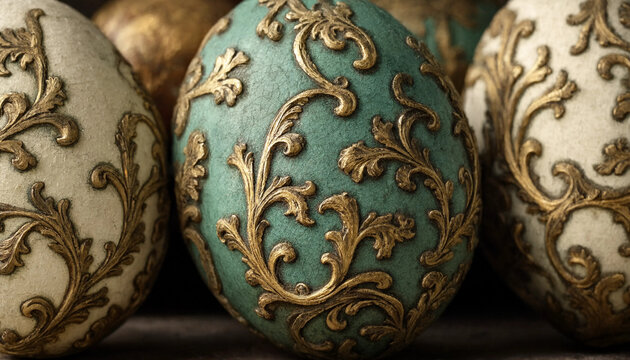 Close up of decorative easter eggs with intricate gold filigree patterns on teal and cream backgrounds for a holiday centerpiece