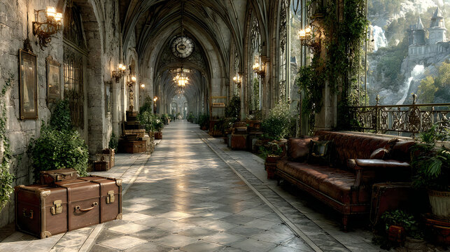 Ancient stone cathedral interior showcasing luxury lounge furniture dramatic atmosphere Pictures
