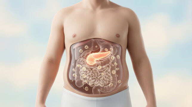Medical illustration of obesity, insulin resistance, and digestive anatomy shown through transparent male torso with glowing pancreas and intestine