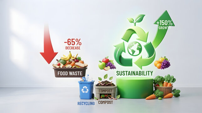 Infographic showing the decrease of food waste and the increase of sustainability and composting practices.