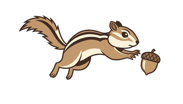 Charming cartoon chipmunk leaping forward to catch a brown acorn isolated on a clean white background backdrop.