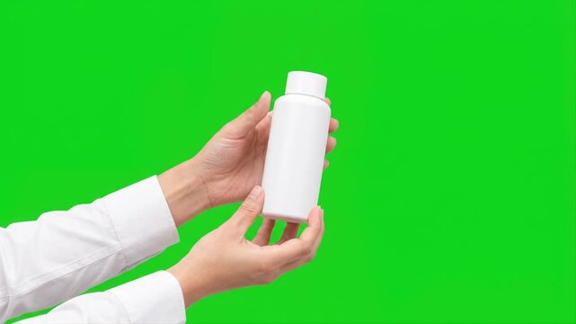 Hands holding and presenting a generic unbranded product against a clean green screen background for product display, advertising and customizable commercial concepts.