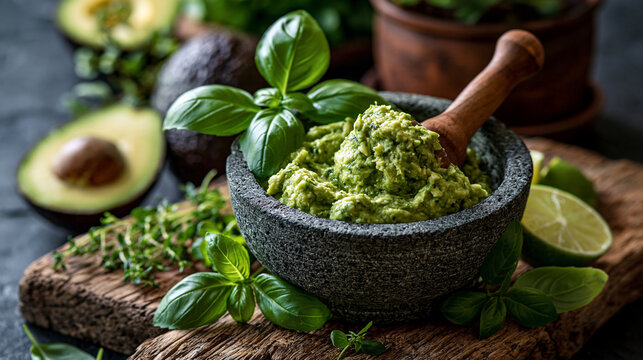 Fresh avocado guacamole in a stone mortar with basil and herbs on a rustic table. Ideal for healthy culinary recipes and organic food marketing.