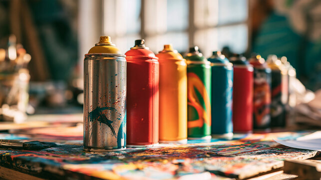 Colorful spray paint cans lined up on an art table with paint splatters. Creative art supplies for graffiti and design projects.