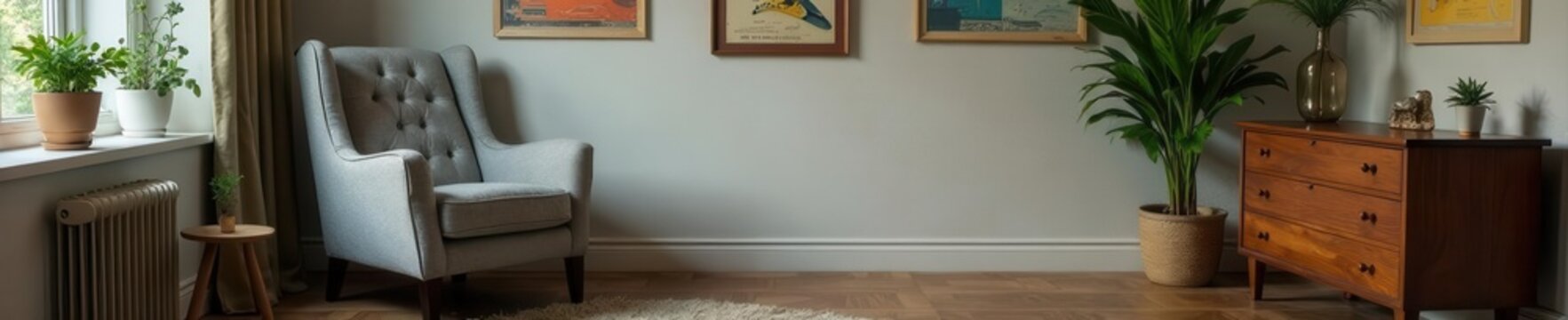 Stylish grey armchair, vintage commode, brown parquet, retro posters, plants , brown, parquet, grey