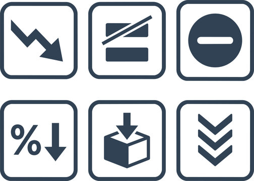 Set of six flat vector symbols representing reduction and decline