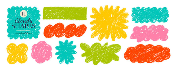 Fototapeta na wymiar Colorful crayon cloud fluffy geometric shapes with rough dry texture. Doodle chalk texture text boxes and speech bubbles. Hand drawn abstract doodle cloud shapes with charcoal strokes.