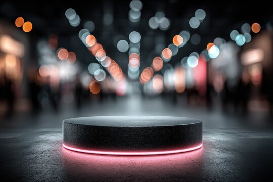 A glowing empty podium at a tech expo meant for the exhibition cosmetic product crowd blurred in background