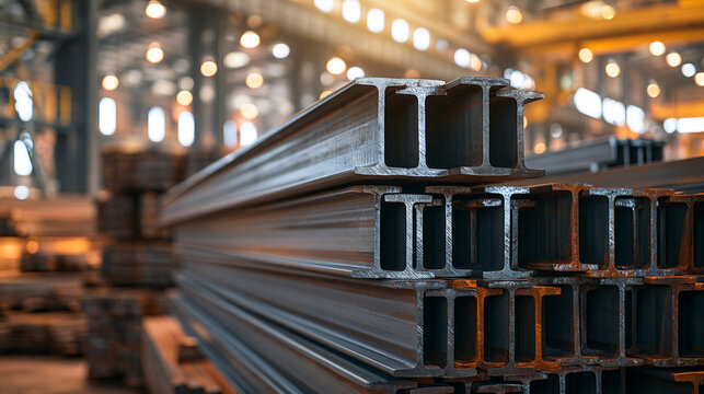 Stacked H-beams in a blurred industrial factory warehouse setting. Ideal for construction, infrastructure development, and metal manufacturing industry marketing materials.
