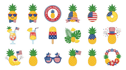 Fototapeta premium Patriotic Pineapple Vector Icon Set Featuring Festive Tropical Fruit Illustrations with National Holiday Decorations