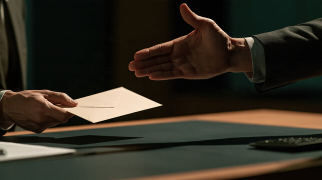Anonymous business hand offering envelope during private transaction office desk, suggesting corruption, bribery, secrecy, and unethical conduct